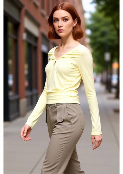 Kadın V Yaka Büzgülü Uzun Kollu Vücuda Oturan Örme Bluz Kaliteli Şık Rahat Modern Zarif Günlük fırsatları