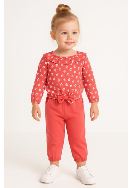 Çiçek Desenli Fiyonk Detaylı Kız Çocuk Takım