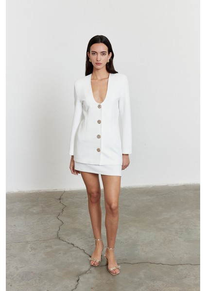 Dokulu Blazer Etek Takım Beyaz