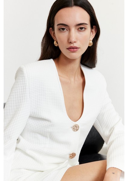 Dokulu Blazer Etek Takım Beyaz modelleri