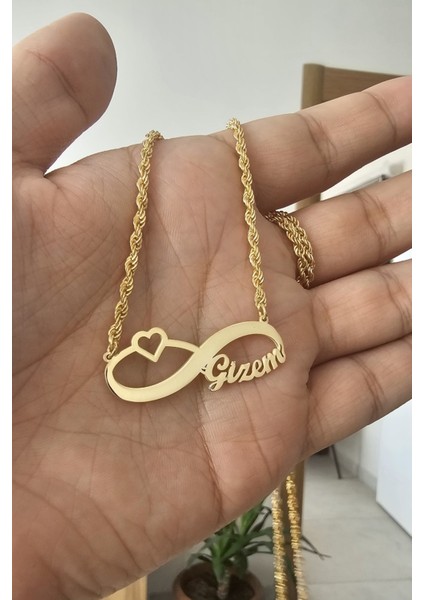 925 Ayar Gümüş 24 Ayar Altın Kaplama Halat Zincirli Isimli Sonsuzluk Kolye
