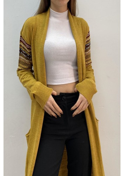 Bayan Uzun Kilim Desen Saç Örgü Ceket