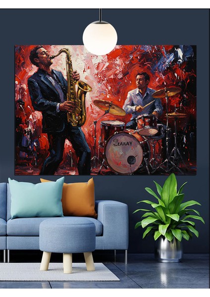 Müzisyen Saksafon Çalan Adam Caz Dekoratif Kanvas - Mdf Ahşap Tablo