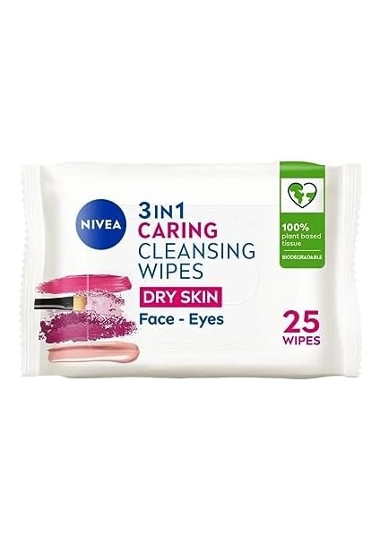 Nıvea 3'ü1 Arada Nazik Makyaj Temizleme Mendilleri (25 Adet),kuru Ciltler,yüz ve Göz Için,suya Dayanıklı Maskara ve Makyaj Temizleme