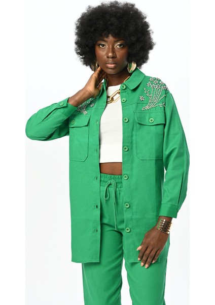 Robası Taş Işlemeli Gabardin Pamuk Ceket