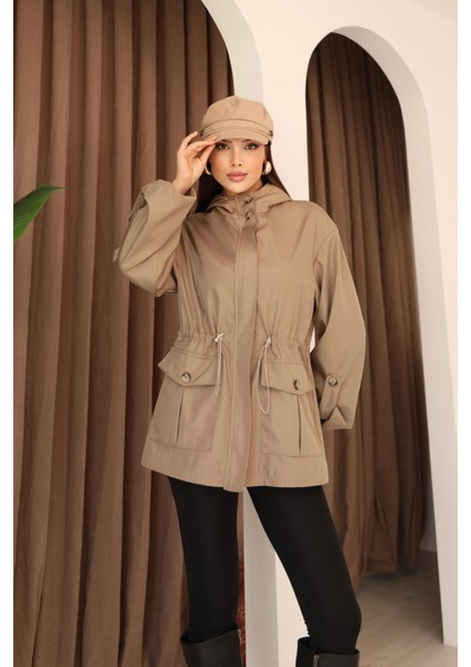 Kadın Vizon Kapüşonlu Katlama Kol Detaylı Trençkot