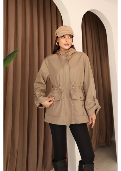 Kadın Vizon Kapüşonlu Katlama Kol Detaylı Trençkot fiyatları