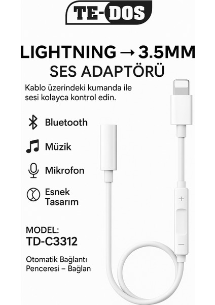 iPhone iPad 8 Pin Lightning Aux Çevirici - 3.5 mm Kablodan Kontrollü Jack Kulaklık Adaptörü