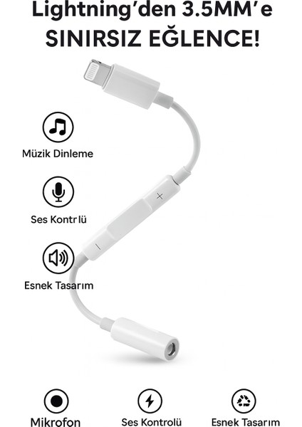 iPhone iPad 8 Pin Lightning Aux Çevirici - 3.5 mm Kablodan Kontrollü Jack Kulaklık Adaptörü modelleri
