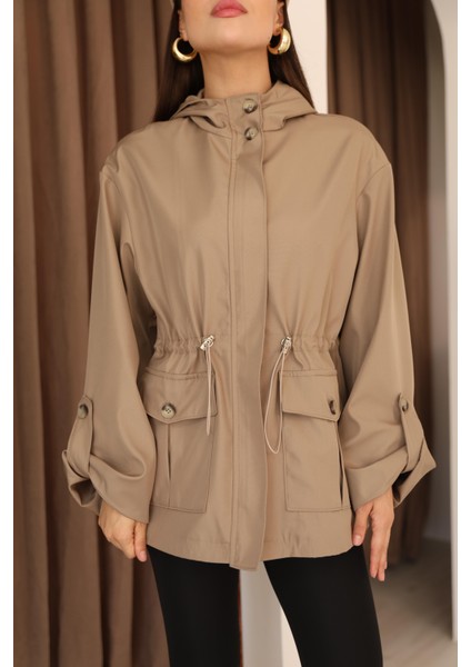 Kadın Vizon Kapüşonlu Katlama Kol Detaylı Trençkot