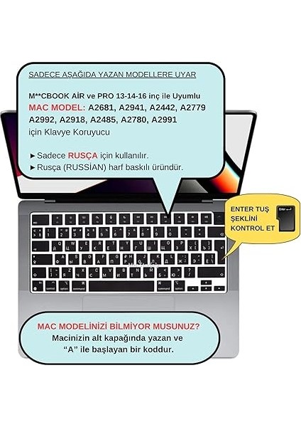Rusça MacBook Klavye Koruyucu – Air 13/15 (A2681 A2941) & Pro 14/16 (A2442 A2485) Uyumlu • Türkçe Q & Uk Iso Enter • Ince Silikon, Toz & Sıvı Koruma Siyah fiyatları