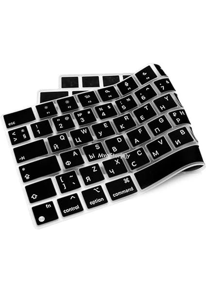 Rusça MacBook Klavye Koruyucu – Air 13/15 (A2681 A2941) & Pro 14/16 (A2442 A2485) Uyumlu • Türkçe Q & Uk Iso Enter • Ince Silikon, Toz & Sıvı Koruma Siyah modelleri