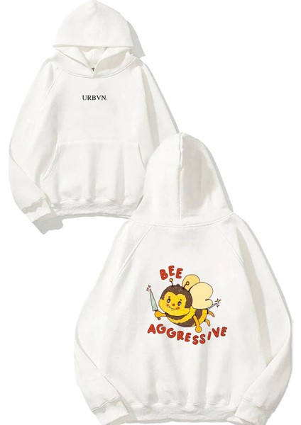 Bee Tasarım Baskılı Oversize Beyaz Kapüşonlu Sweatshirt