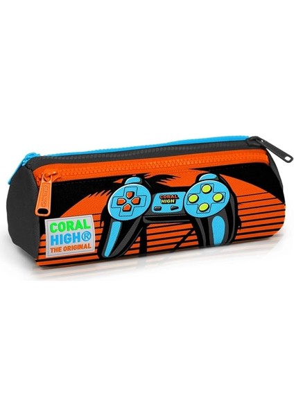 High Siyah Turuncu Gamers Üç Bölmeli Kalem Çantası -Erkek Çocuk