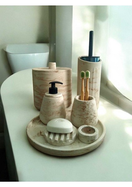 Mermer Desen Bej Beton Banyo Seti,tuvalet Fırçası,çöp Kovası,katı,sıvı Sabunluk,tepsi,mumluk