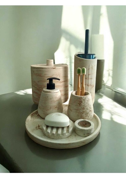 Mermer Desen Bej Beton Banyo Seti,tuvalet Fırçası,çöp Kovası,katı,sıvı Sabunluk,tepsi,mumluk fiyatları
