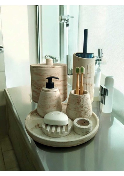 Mermer Desen Bej Beton Banyo Seti,tuvalet Fırçası,çöp Kovası,katı,sıvı Sabunluk,tepsi,mumluk modelleri
