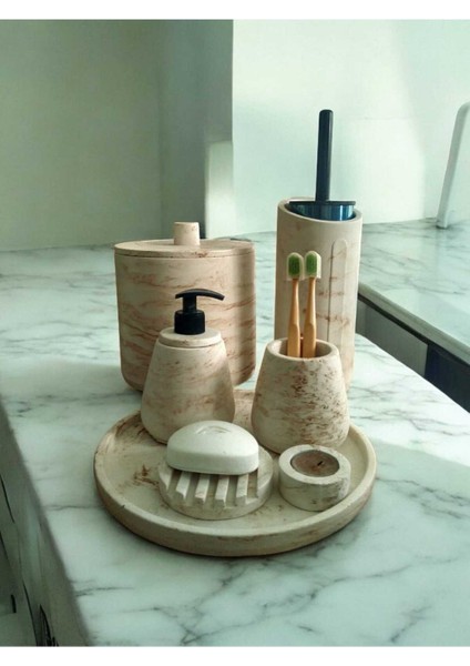 Mermer Desen Bej Beton Banyo Seti,tuvalet Fırçası,çöp Kovası,katı,sıvı Sabunluk,tepsi,mumluk fırsatları