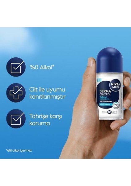 Nıvea Men Erkek Roll On Deodorant Derma Control Defend 50 Ml, 72 Saat Anti Perspirant Koruma, Tahrişe Karşı Koruma,hyaluronik Asit, Pro Vitamin B5,alkolsüz Formül