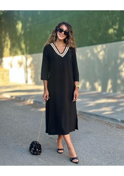 Kadın Uzun Kollu V Şerit Yakalı Viskon Iki Iplik Elbise fırsatları
