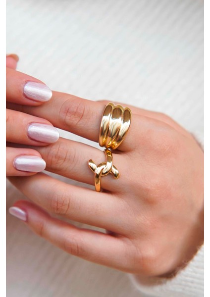 Altın Bombeli ve Düğüm Detaylı Kadın Yüzük Seti fiyatları