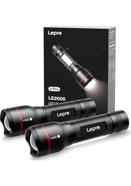 LED El Feneri LE2000 Ultra Parlak LED El Feneri 5 Modlu, Yakınlaştırılabilir Kamp El Lambası, Su Geçirmez El Feneri, Kamp, Dış Mekan, Doğa Yürüyüşü, Balık Tutma, Hediye (2'li Paket)