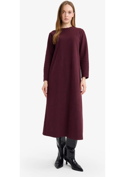 Regular Fit Bisiklet Yaka Uzun Kollu Kemerli Maxi Elbise G1885AX25WN