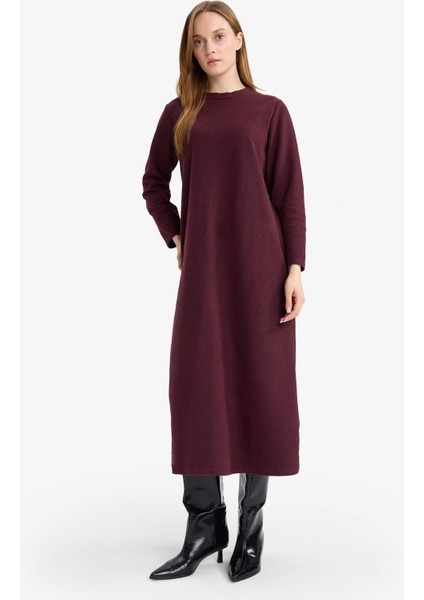 Regular Fit Bisiklet Yaka Uzun Kollu Kemerli Maxi Elbise G1885AX25WN fiyatları