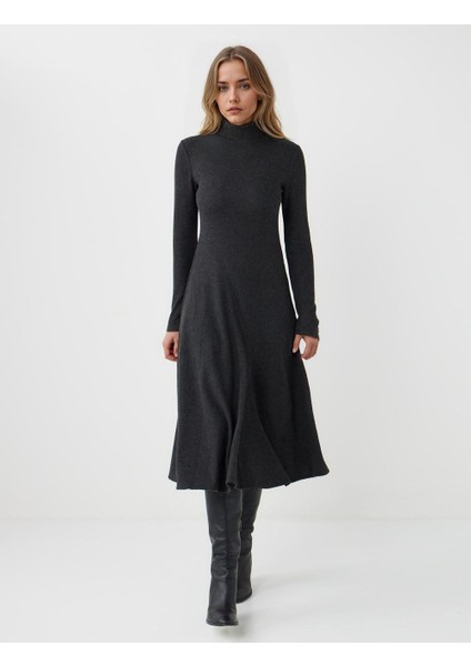 Antrasit Melanj Balıkçı Yaka Yumuşak Dokulu Örme Midi Elbise fiyatları