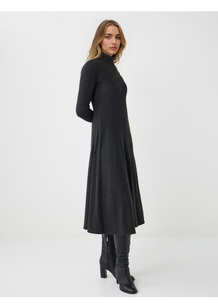Antrasit Melanj Balıkçı Yaka Yumuşak Dokulu Örme Midi Elbise fırsatları