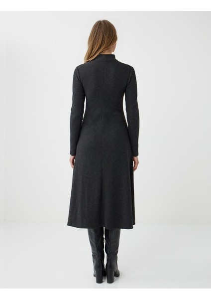 Antrasit Melanj Balıkçı Yaka Yumuşak Dokulu Örme Midi Elbise indirimleri