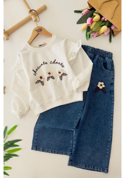 Çiçek Nakışlı Sweat & Kot Pantolon 2’li Kız Takımı - Ekru