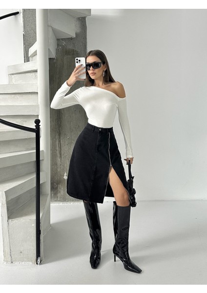 Kadın Ön Yırtmaç Fermuar Detaylı Kot Etek