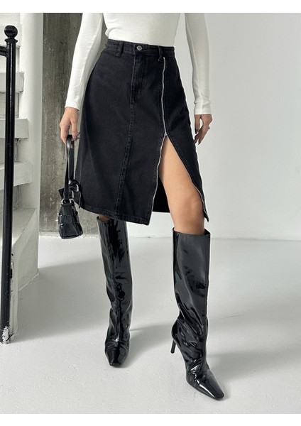 Kadın Ön Yırtmaç Fermuar Detaylı Kot Etek fırsatları