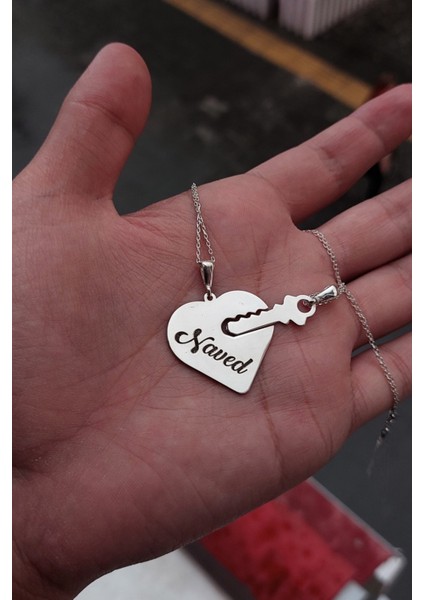 925 Ayar Gümüş Kalp ve Anahtar Çift Kolye