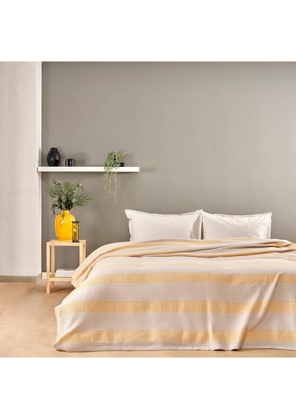 ÇIZGILI%100 Pamuk Pike Takımı, Sarı, Tek Kişilik