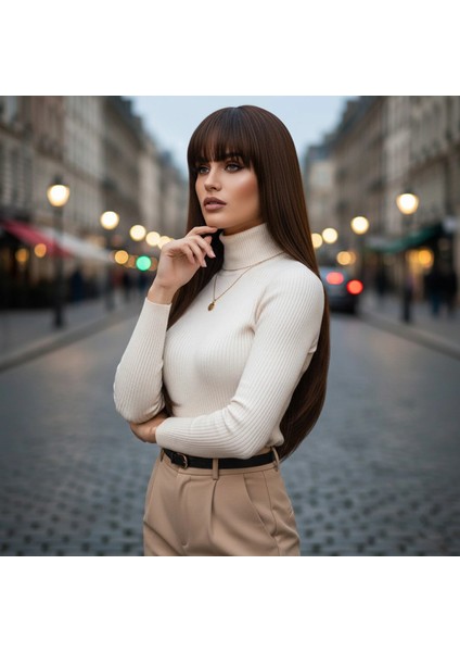 Düz Perçemli Uzun Fiber Sentetik Peruk - Kahve Karamel