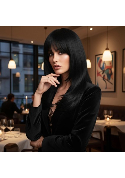 Katlı Kesim Perçemli Düz Fiber Sentetik Orta Boy Peruk - Siyah