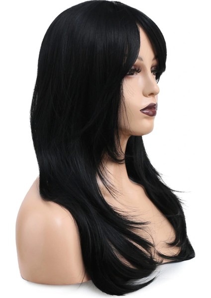 Katlı Kesim Perçemli Düz Fiber Sentetik Orta Boy Peruk - Siyah modelleri