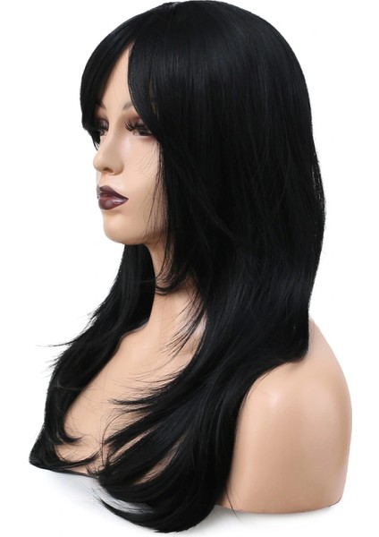 Katlı Kesim Perçemli Düz Fiber Sentetik Orta Boy Peruk - Siyah fırsatları