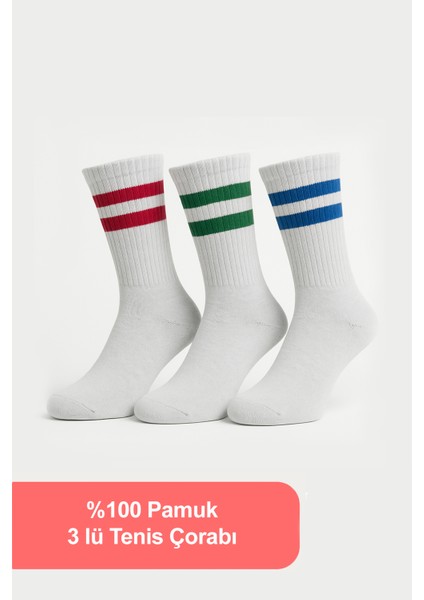 3'lü Pamuk Erkek Tenis Çorap Seti - Çizgili Desenli Tenis Çorap