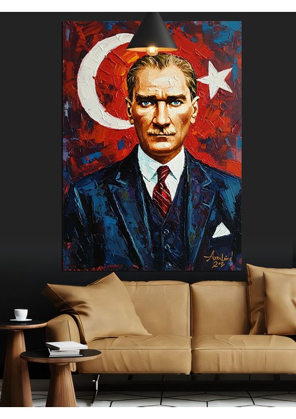 Türkiye Cumhuriyeti Bayrağı Önünde Atatürk Portresi Dekoratif Kanvas - Mdf Ahşap Tablo