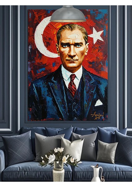 Türkiye Cumhuriyeti Bayrağı Önünde Atatürk Portresi Dekoratif Kanvas - Mdf Ahşap Tablo modelleri