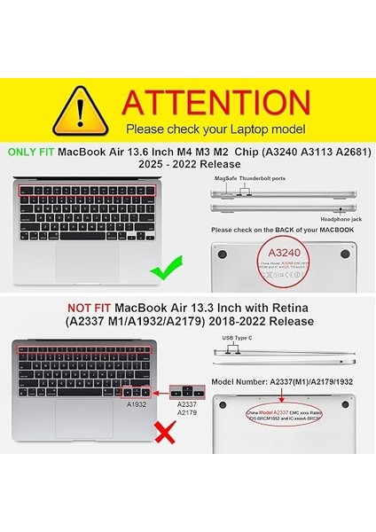 MacBook Air M4 M3 M2 13,6 Inç (2025-2022) A3240 A3113 A2681 ile Uyumlu, Ultra Ince Sert Kapak Koruyucu Kılıf Snap Case + Klavye Kapakları + Ekran Koruyucu Folyo, Şeffaf fiyatları
