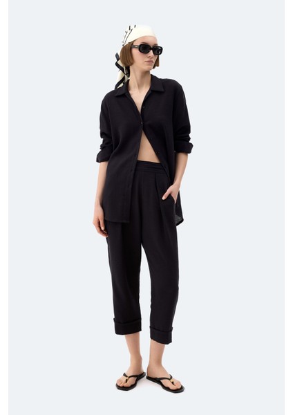 Siyah Keten Pilili Pantolon modelleri