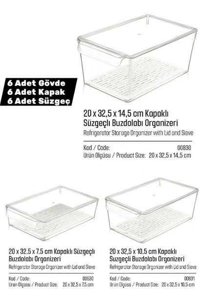 Lüks 6'lı Süzgeçli Kapaklı Buzdolabı Düzenleyici | Premium Saklama Kabı | Dolap Içi Düzenleyici Organizer | indirimleri