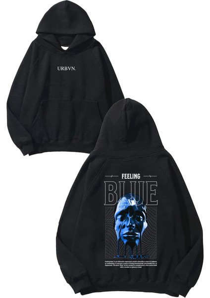 Feeling Blue Tasarım Baskılı Oversize Siyah Kapüşonlu Sweatshirt