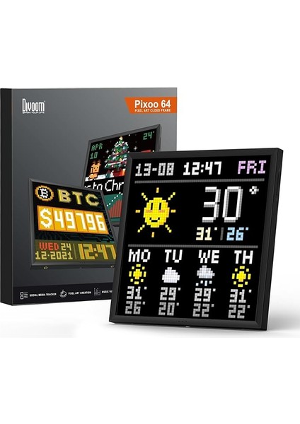 Pixoo-64 Wifi Piksel Sanat Ekranı, 64 x 64 LED Panel, Benzersiz Aydınlatma Dekorasyonu ile Uygulama Kontrolü