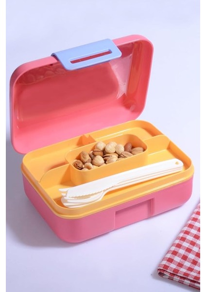 Design Kendinden Kaşıklı 5 Bölmeli 2 Katlı Beslenme Kutusu (Pembe)