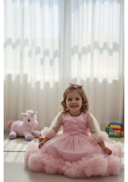 Kız Çocuk Elbise Fırfır Detay Uzun Kol Party Özel Gün Doğum Günü Elbise